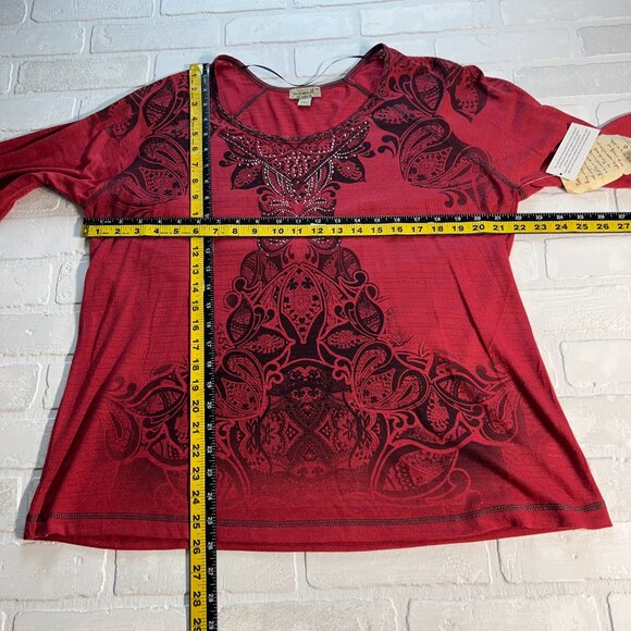 ONE WORLD Top Womens 2X Red Studded Metallic Tattoo Stencil 3/4 Sleeve Plus New - Picture 2 of 13